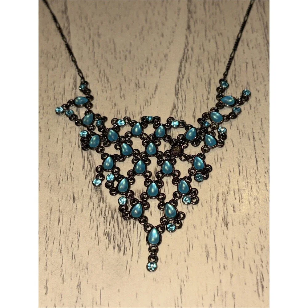 Vintage Black Metal Necklace & Dangle Earring Set Blue Faux Stone 16”